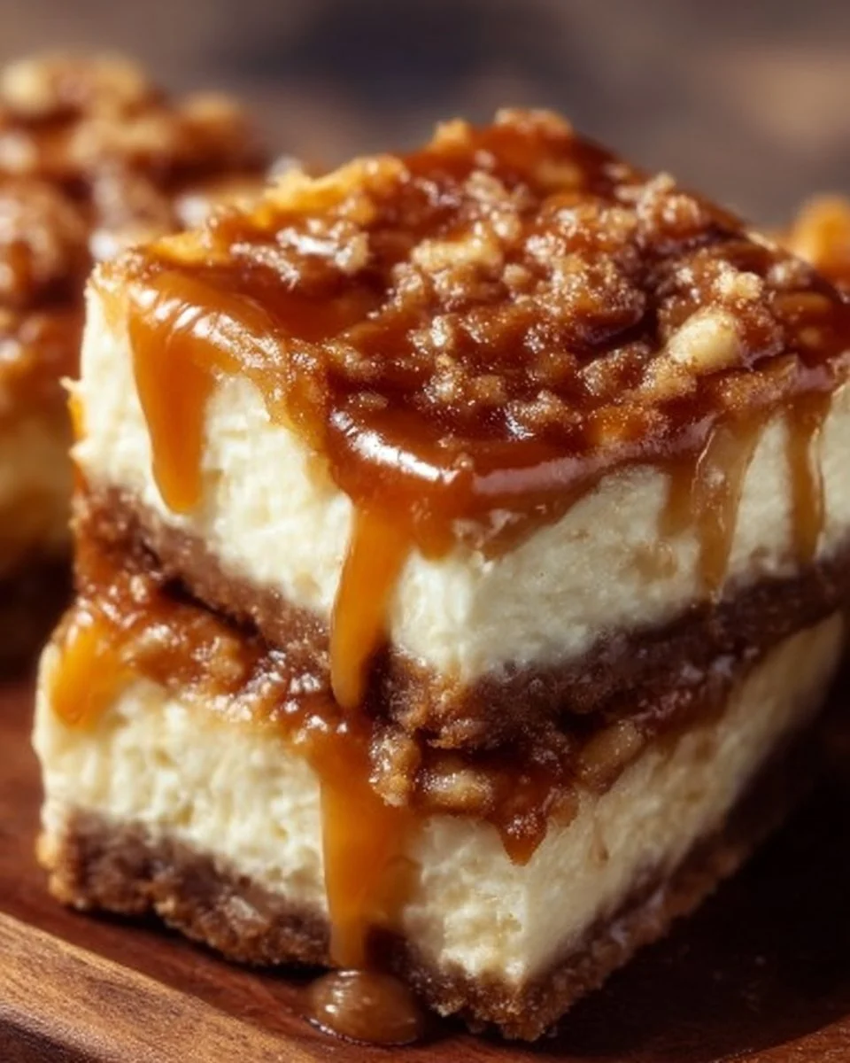 Delicious Caramel Apple Cheesecake Bars topped with caramel drizzle and apple slices