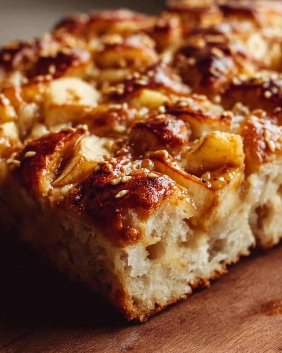 Delicious caramel apple focaccia topped with caramel and apple slices