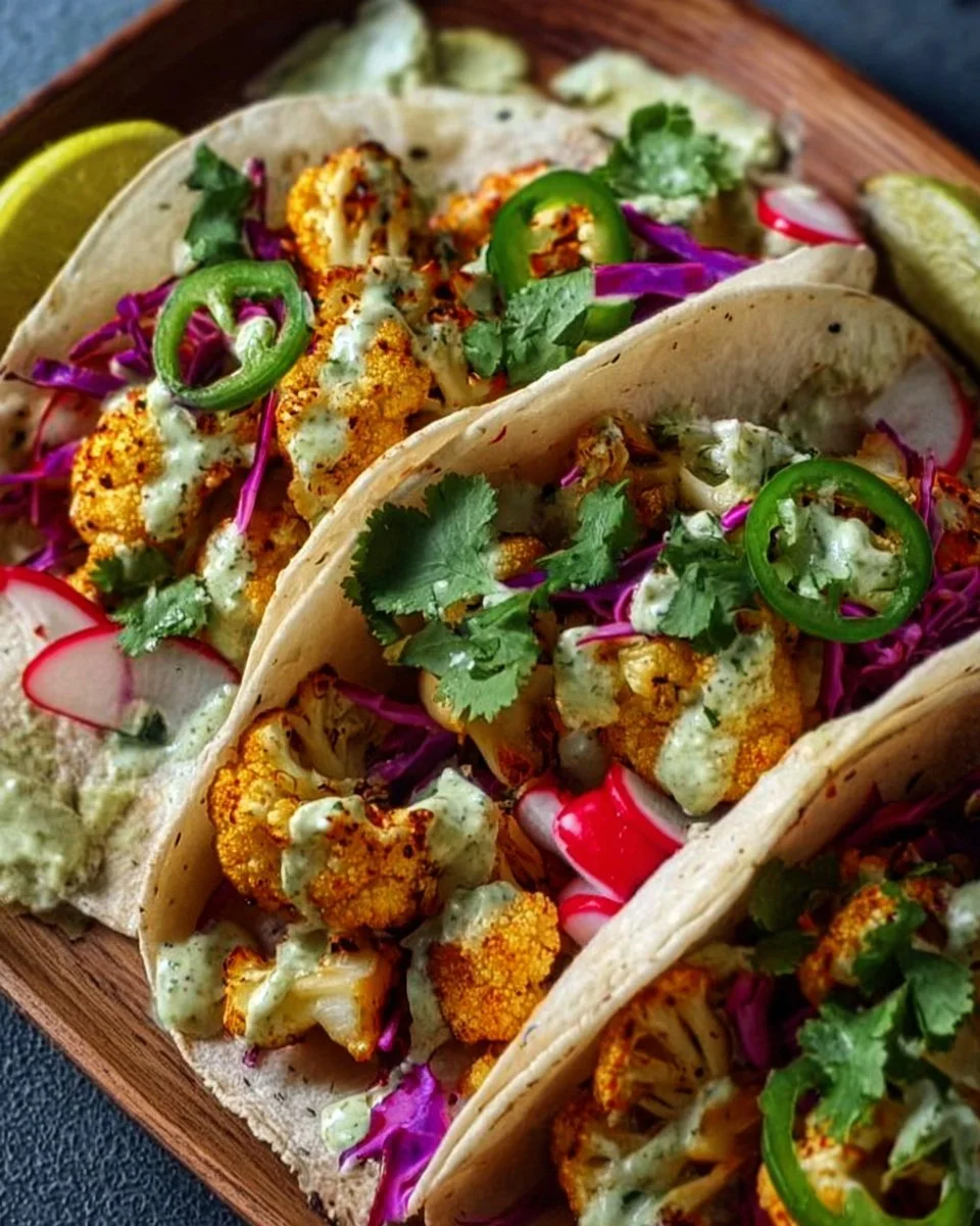 Delicious cauliflower tacos served on a plate with fresh toppings
