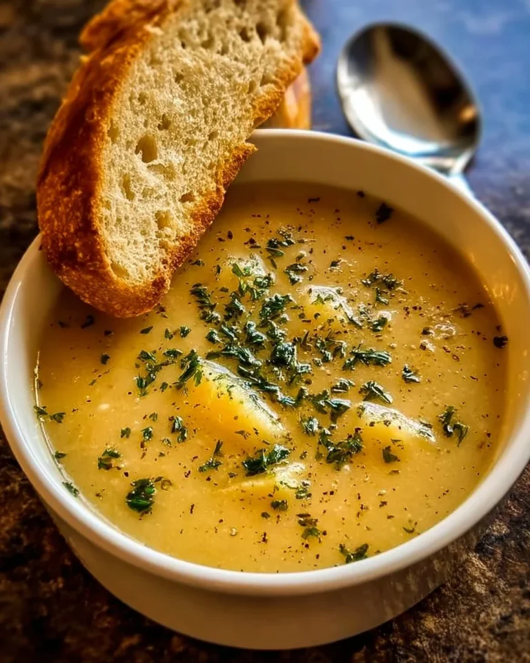 Bowl of Cheddar Garlic Herb Potato Soup garnished with herbs and cheese
