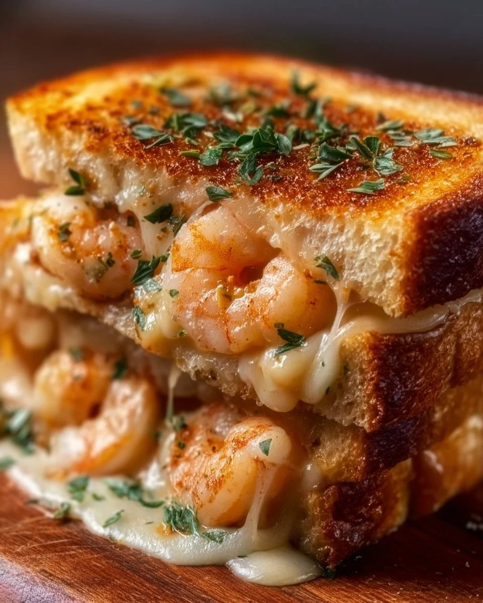 Cheesy Garlic Bread Shrimp Grilled Cheese sandwich with shrimp and melted cheese