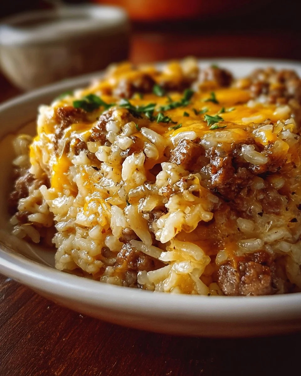 Cheesy Hamburger Rice Casserole in a baking dish, garnished and ready to serve.
