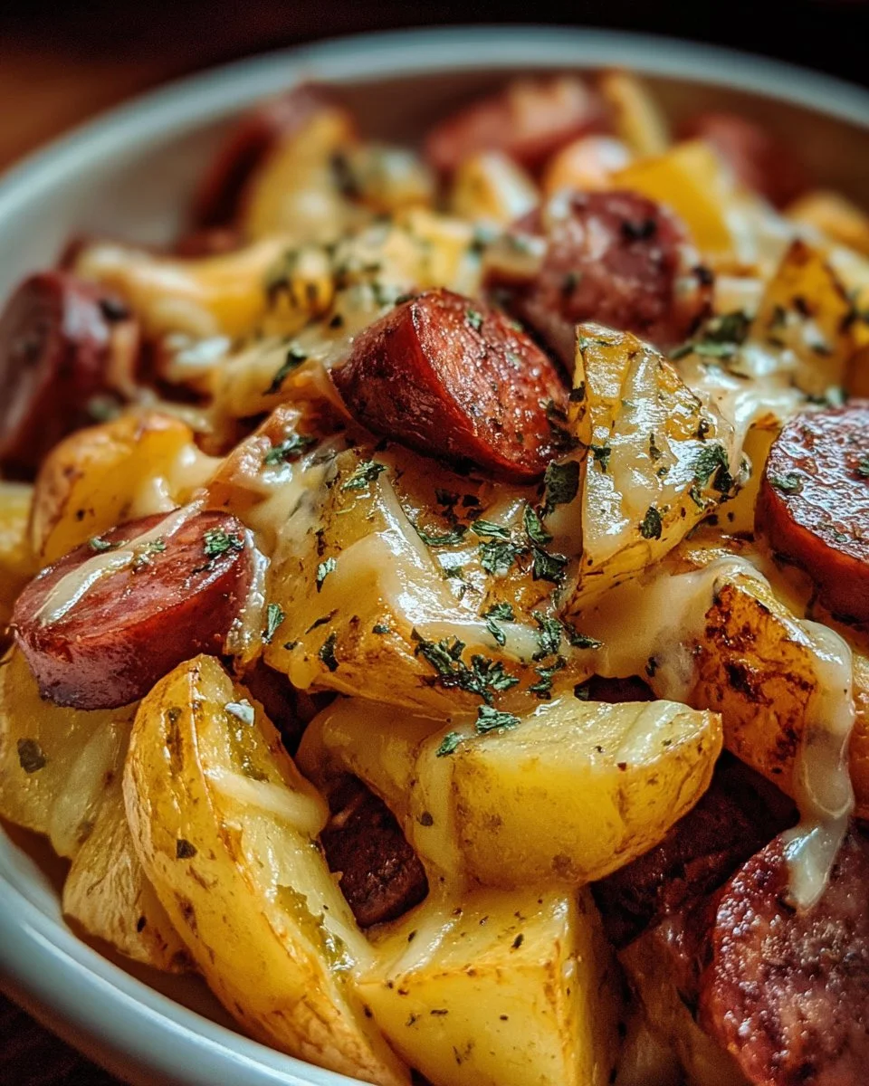 Cheesy ranch potatoes baked with smoked sausage for a flavorful dish