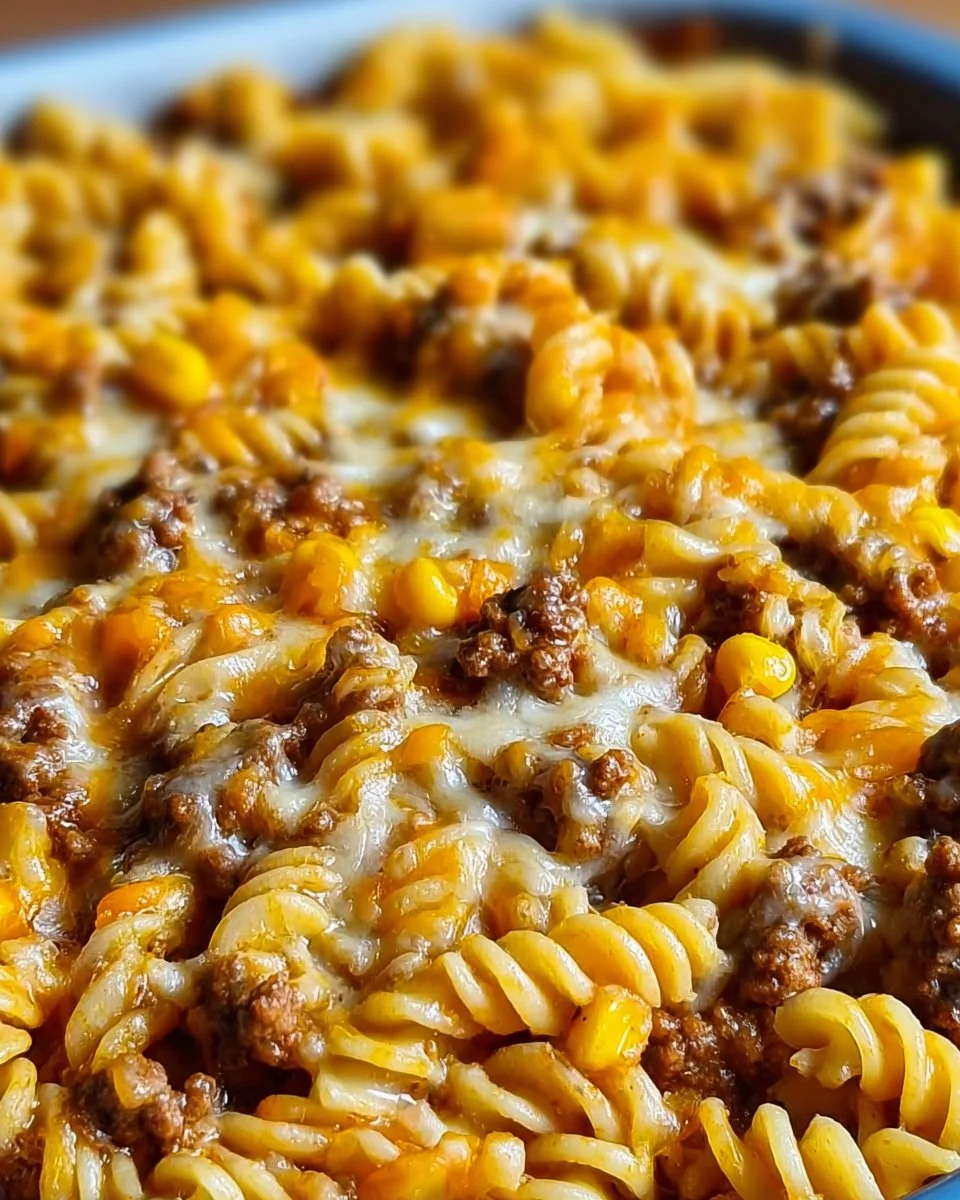 Cheesy Ranch Rotini Bake with Beef and Sweet Corn in a baking dish