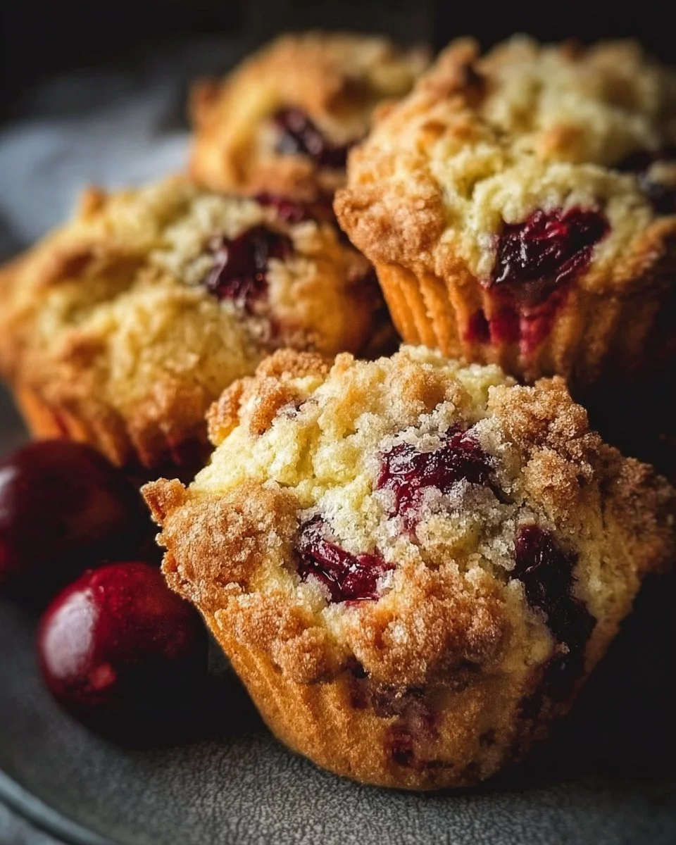 Freshly baked cherry cobbler muffins with cherries on top