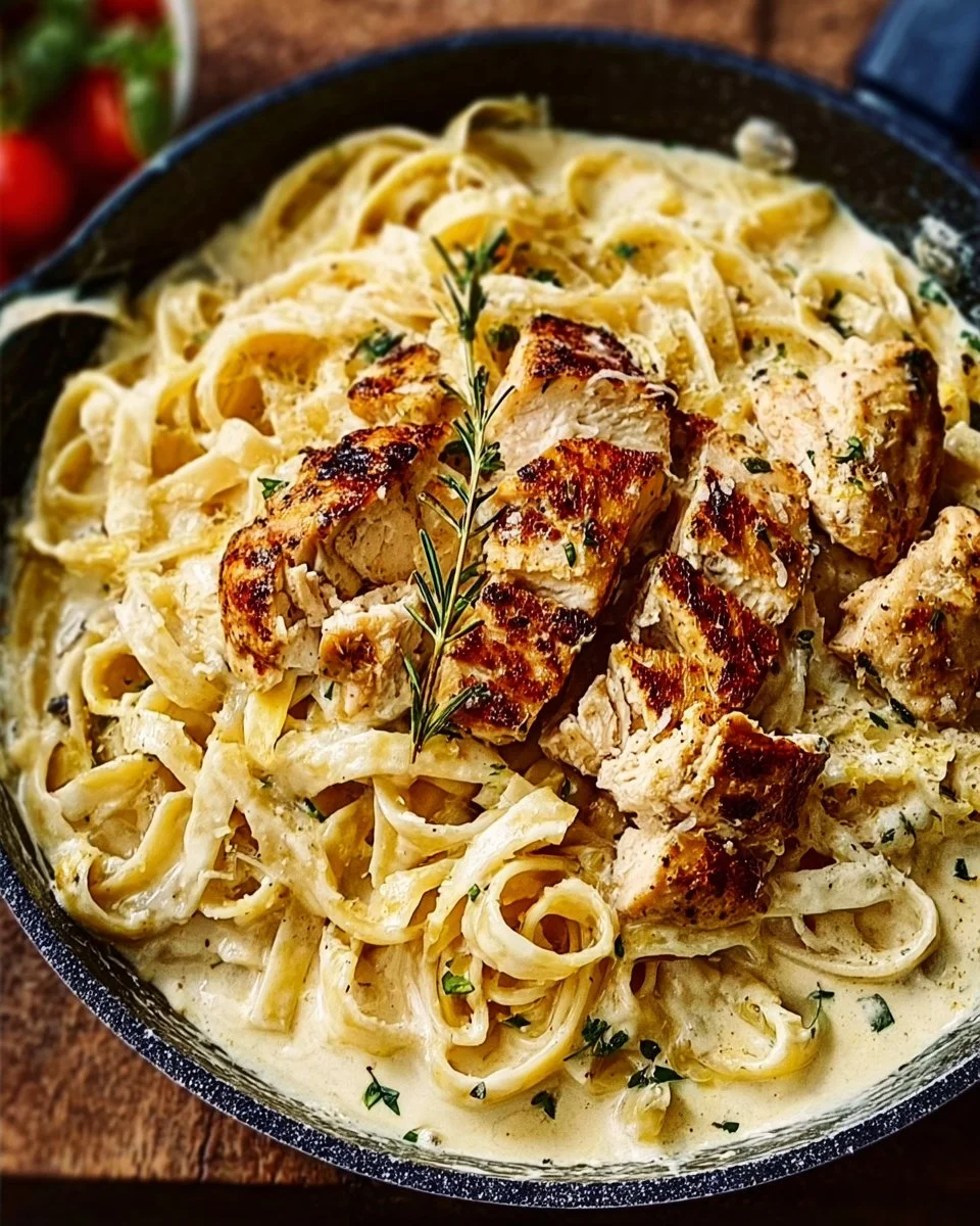 Delicious Chicken Alfredo pasta topped with grilled chicken and creamy sauce