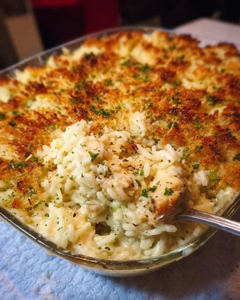 Delicious Chicken Alfredo Rice Casserole topped with cheese and herbs
