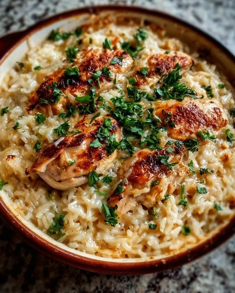 Delicious chicken and rice casserole baked to perfection in a dish.