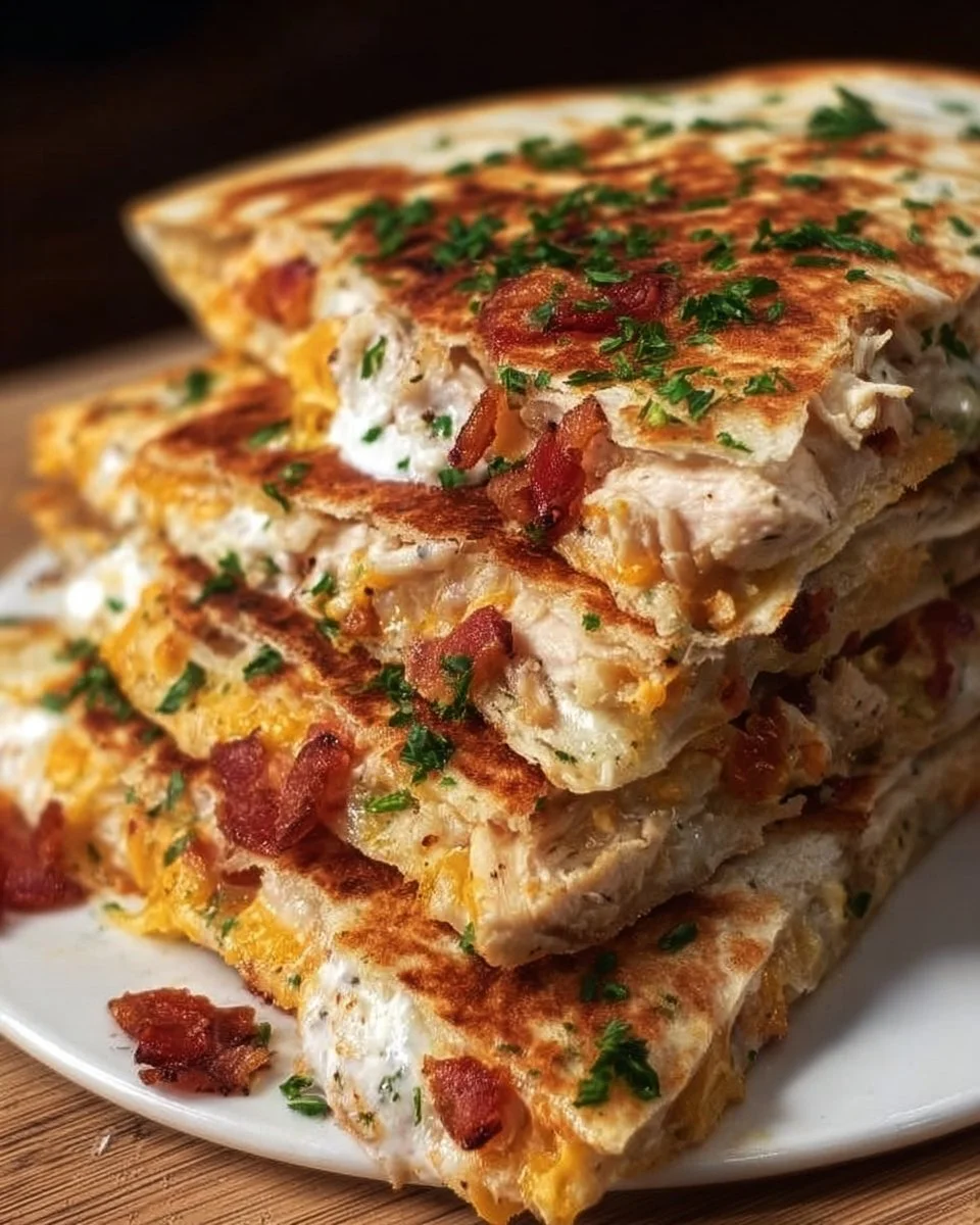 Delicious Chicken Bacon Ranch Quesadilla served with dipping sauce on a plate.