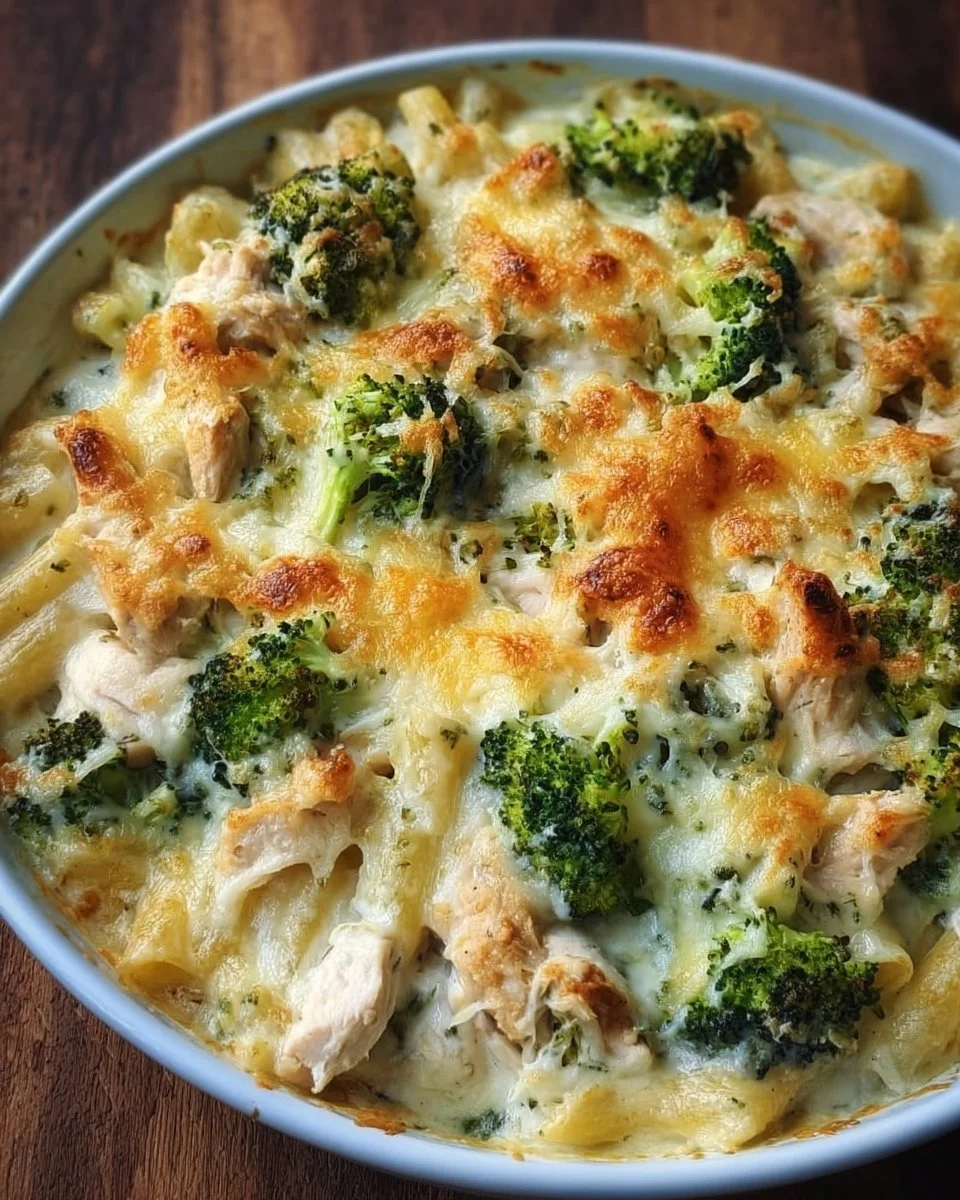 Creamy Chicken Broccoli Alfredo Bake topped with cheese and served in a dish