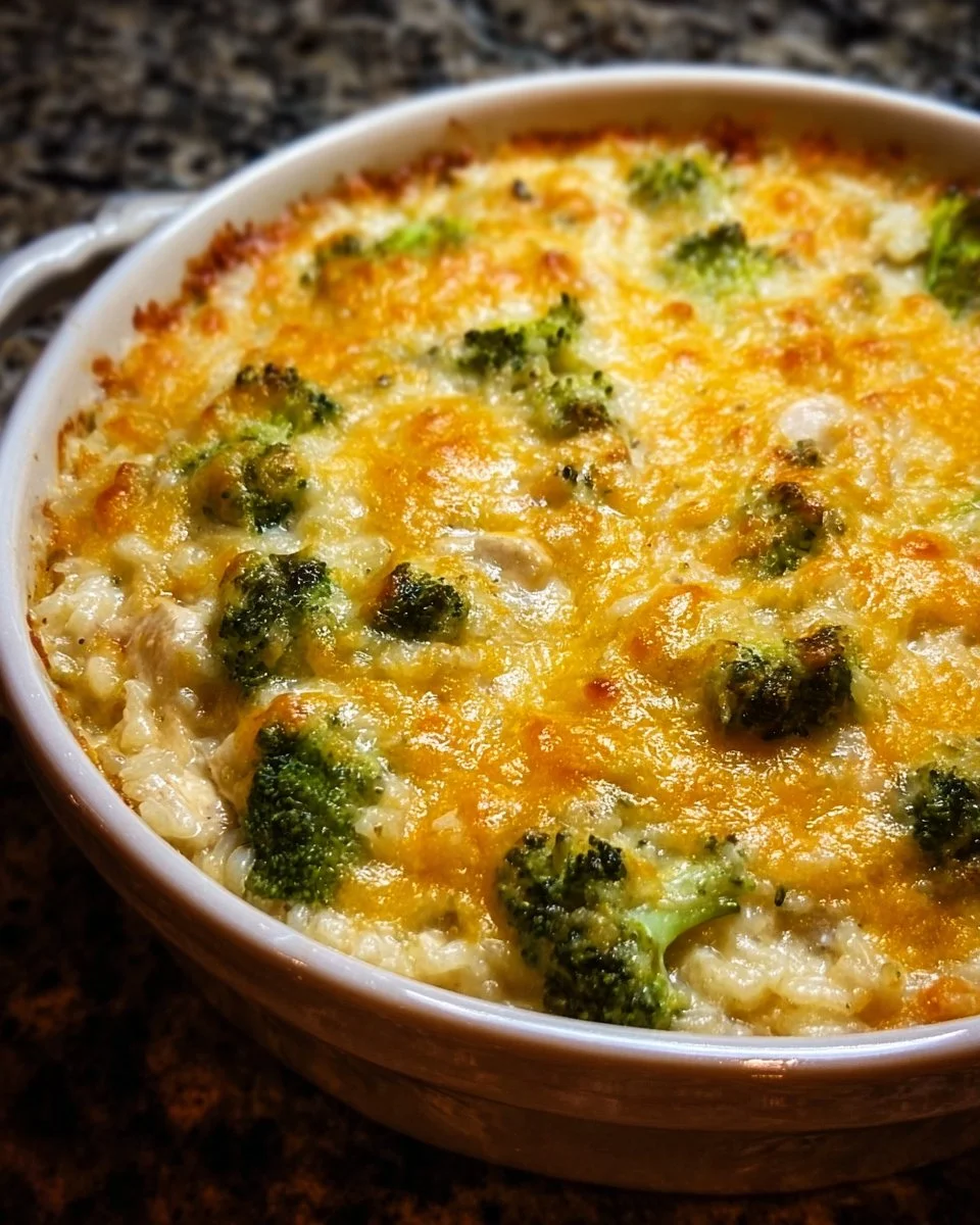 Delicious Chicken Broccoli Rice Cheese Casserole baked to perfection.