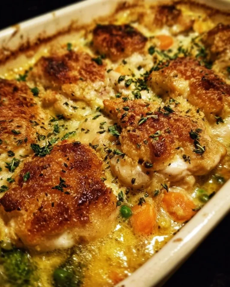 Baked chicken casserole with vegetables and cheese, garnished with parsley