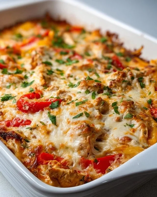 Delicious chicken fajita casserole served in a colorful casserole dish with cheese and peppers.