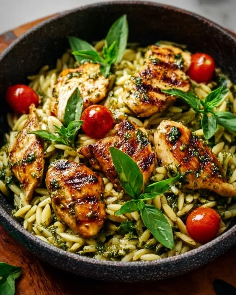 Chicken Orzo with Spinach and Basil Pesto served in a bowl