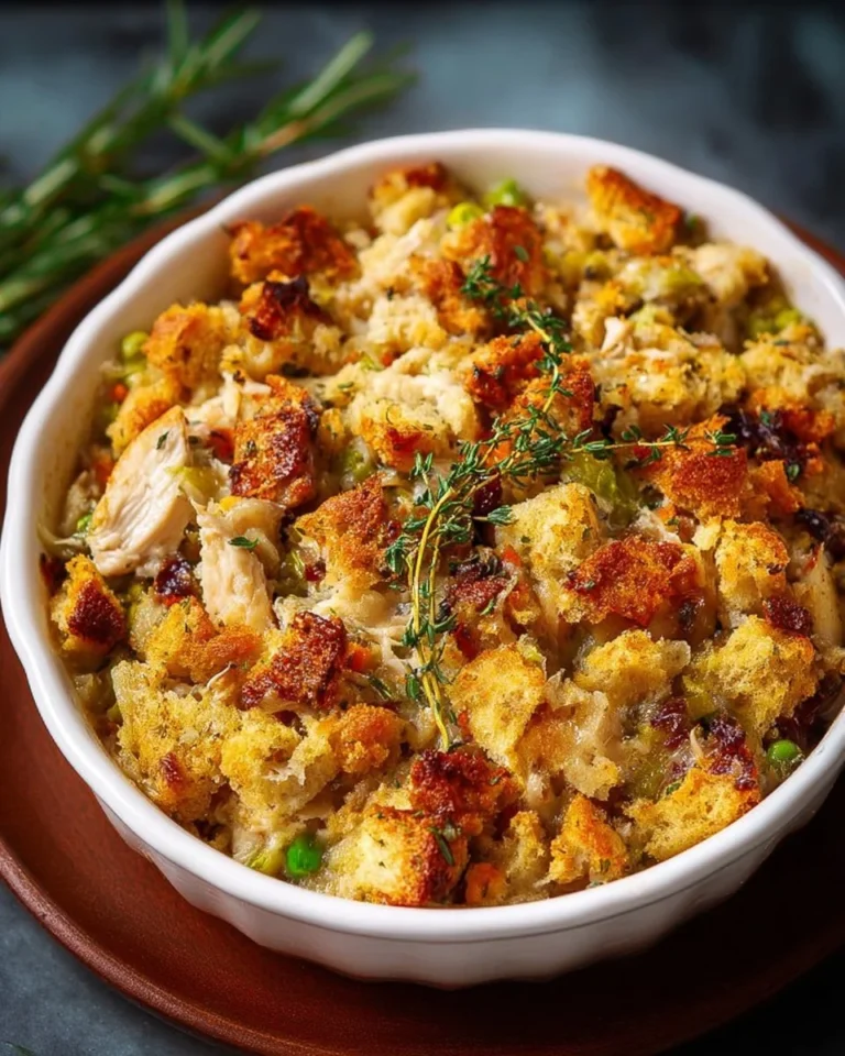 Delicious chicken stuffing casserole topped with golden-brown breadcrumbs