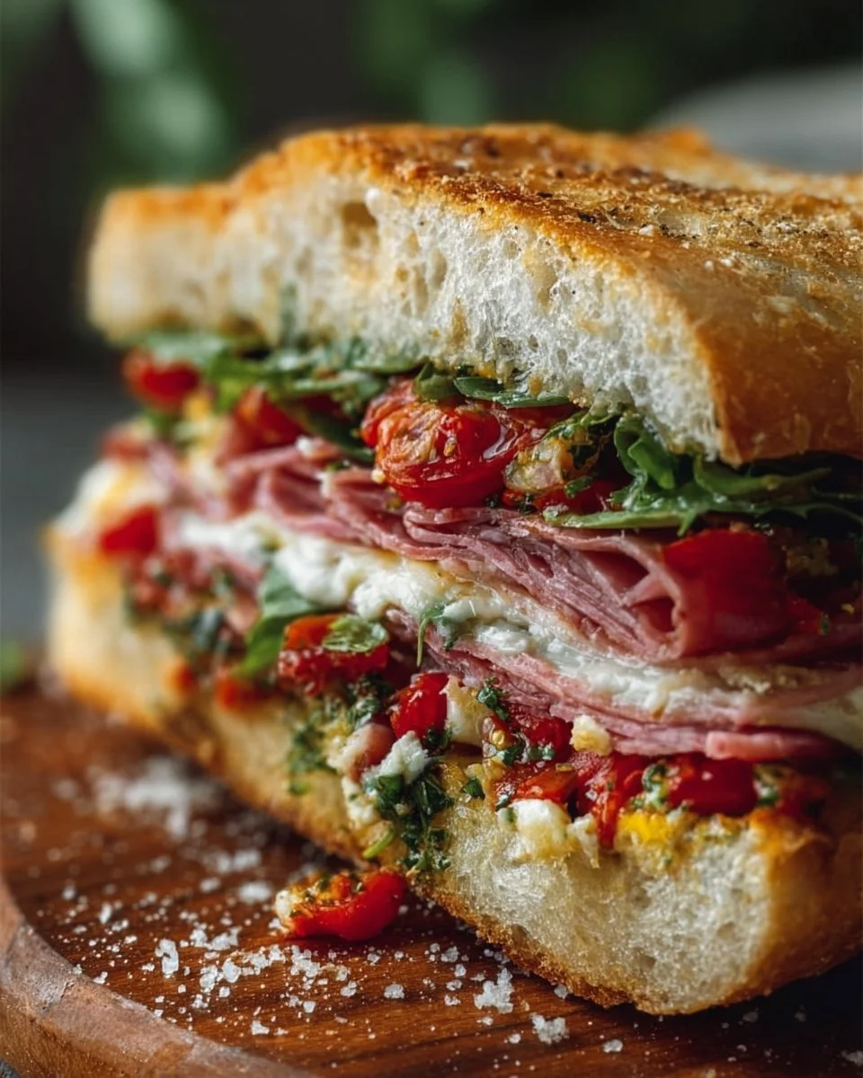 Chopped Italian Sandwich with fresh ingredients on a rustic wooden table