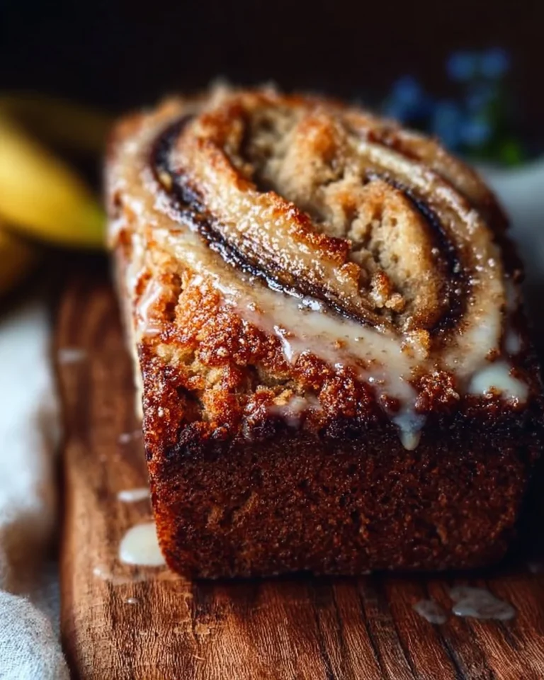 Cinnamon roll banana bread fresh out of the oven, topped with icing.