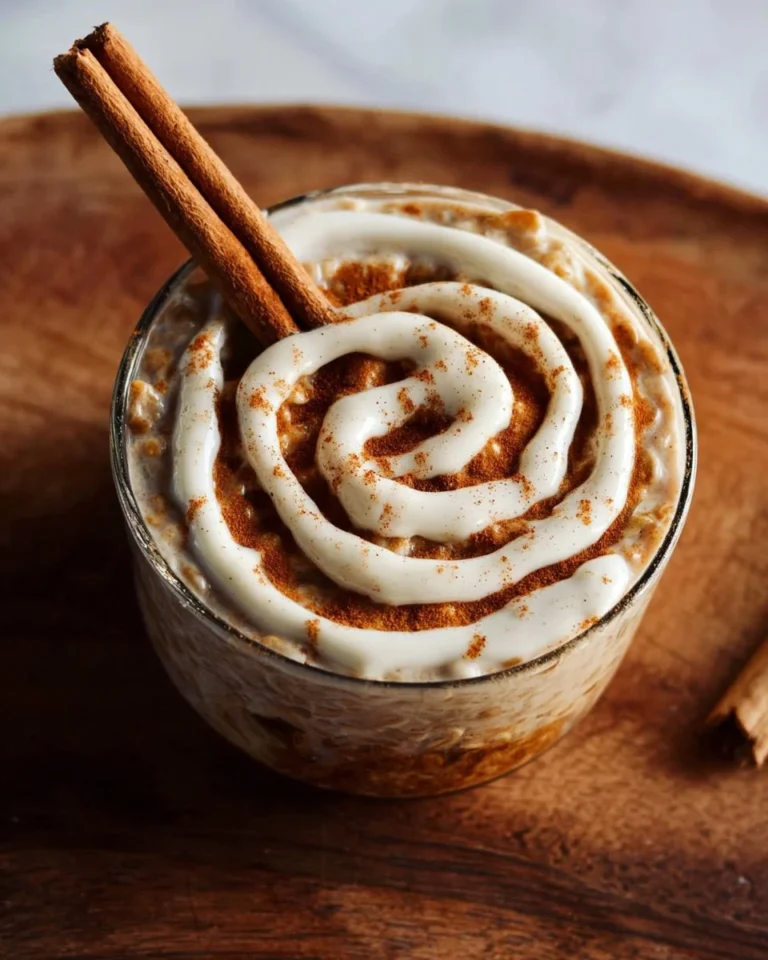 Bowl of cinnamon roll overnight oats topped with cinnamon and nuts