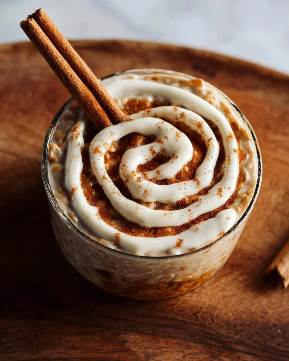 Bowl of cinnamon roll overnight oats topped with cinnamon and nuts