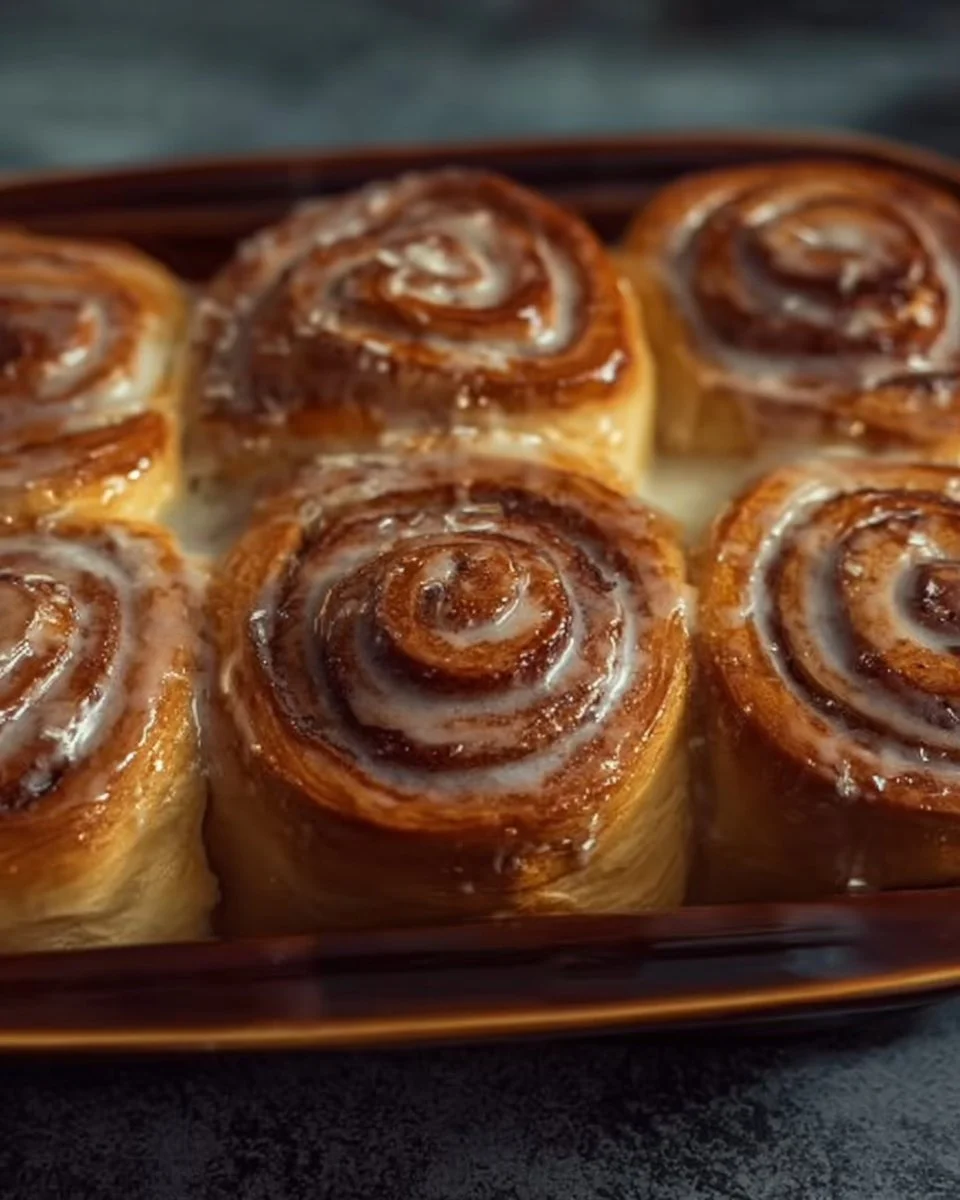 Freshly baked cinnamon rolls topped with creamy icing