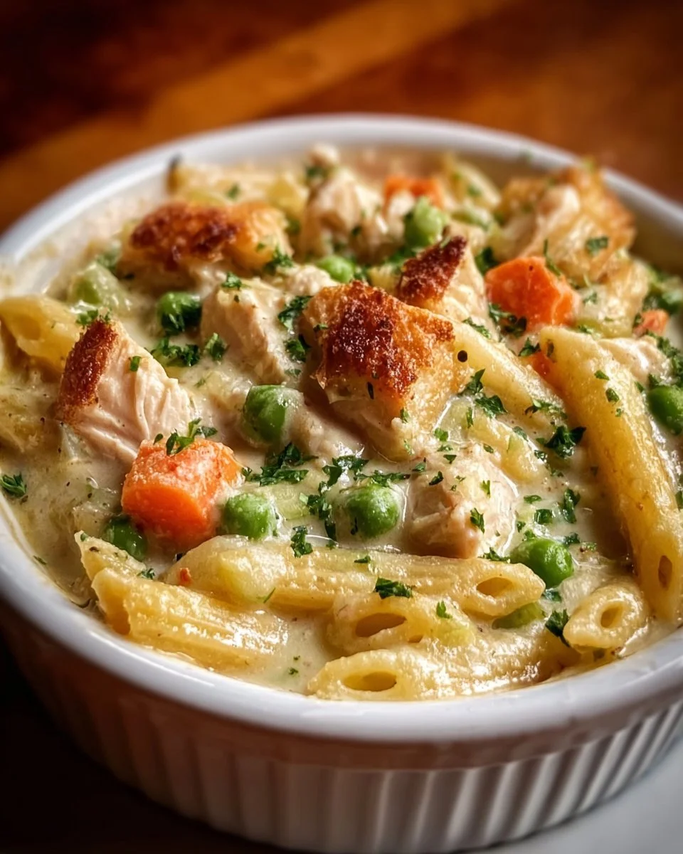 Classic chicken pot pie pasta garnished with herbs in a bowl