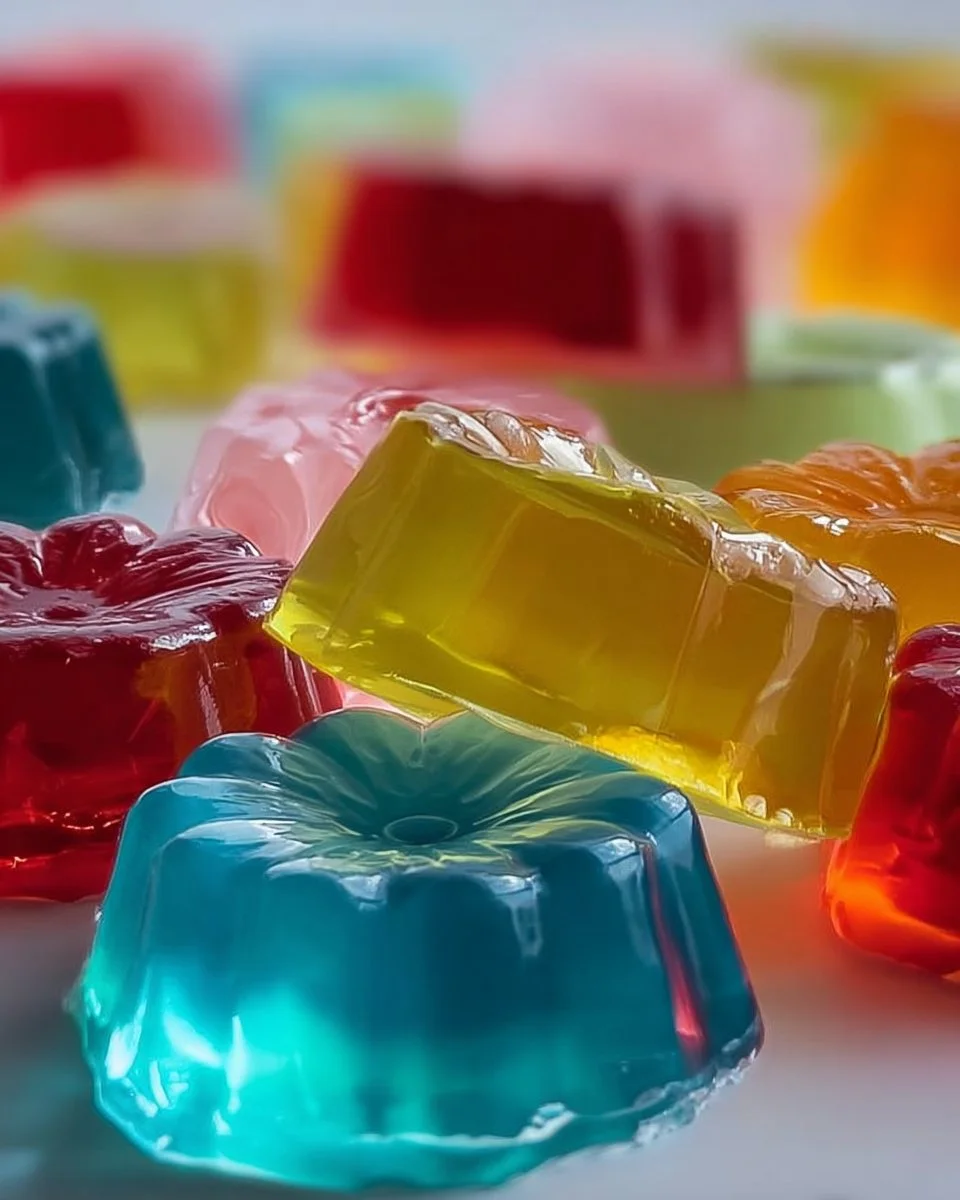 Colorful homemade jello candy melts in various shapes and colors on a plate