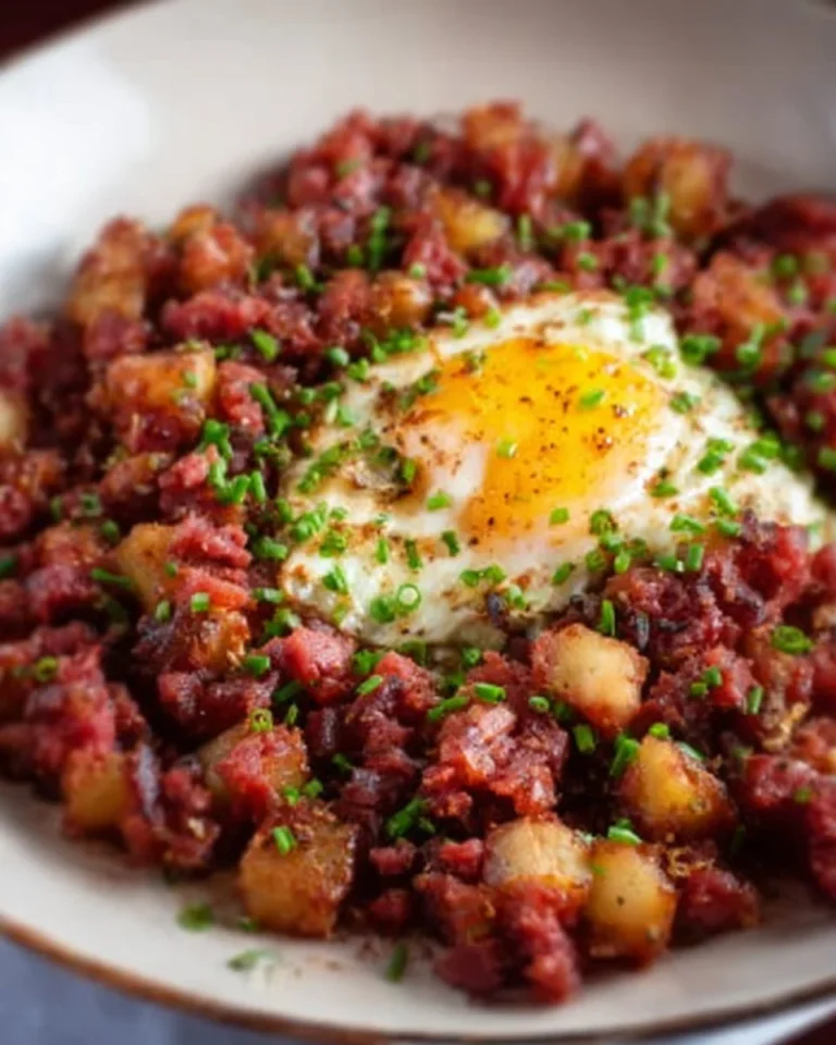 Delicious homemade corned beef hash served in a skillet