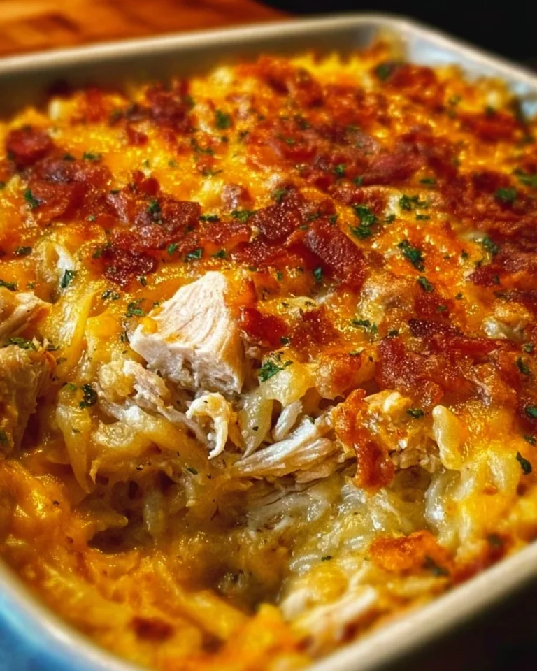 Creamy Crack Chicken Casserole topped with cheese and herbs