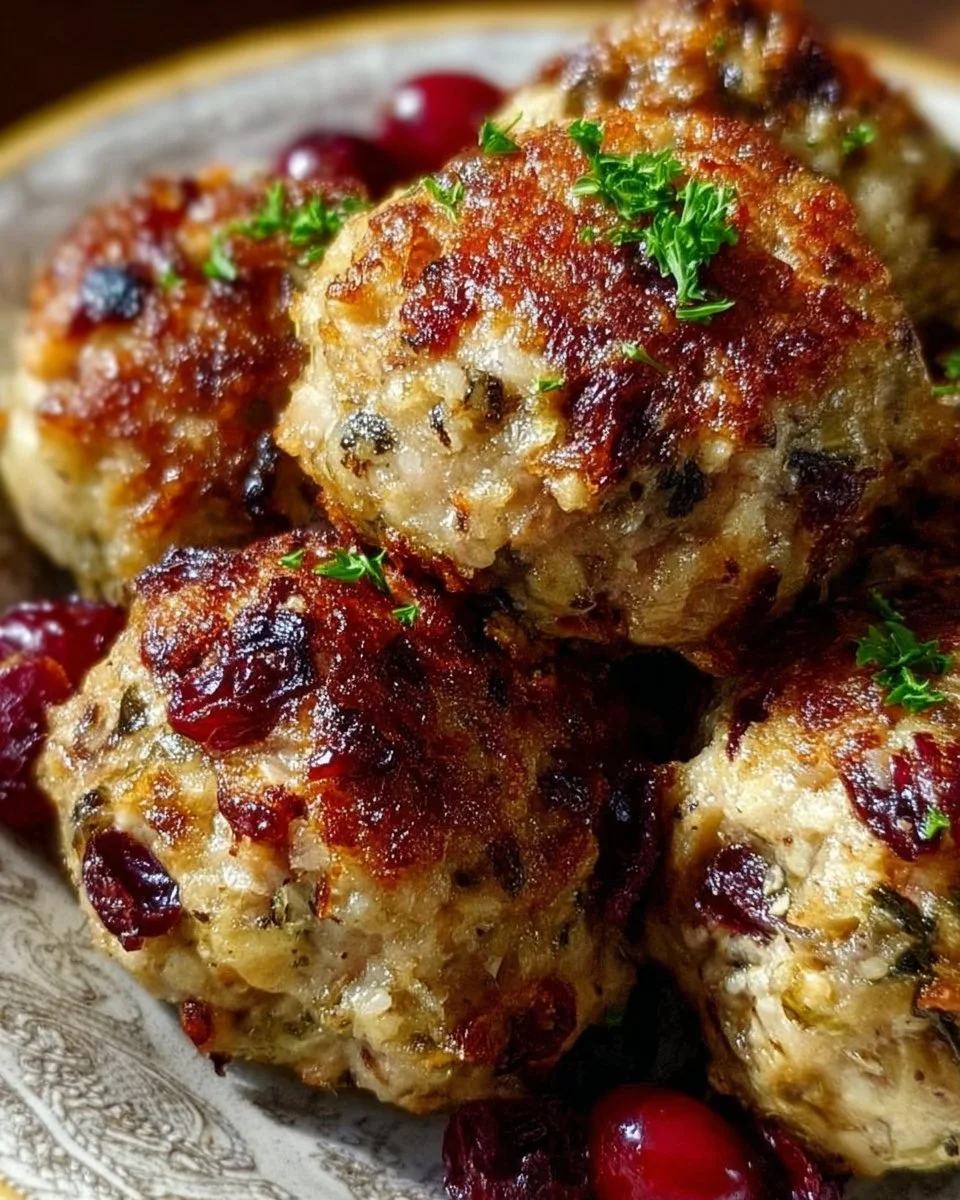 Cranberry turkey stuffing balls served on a festive plate.