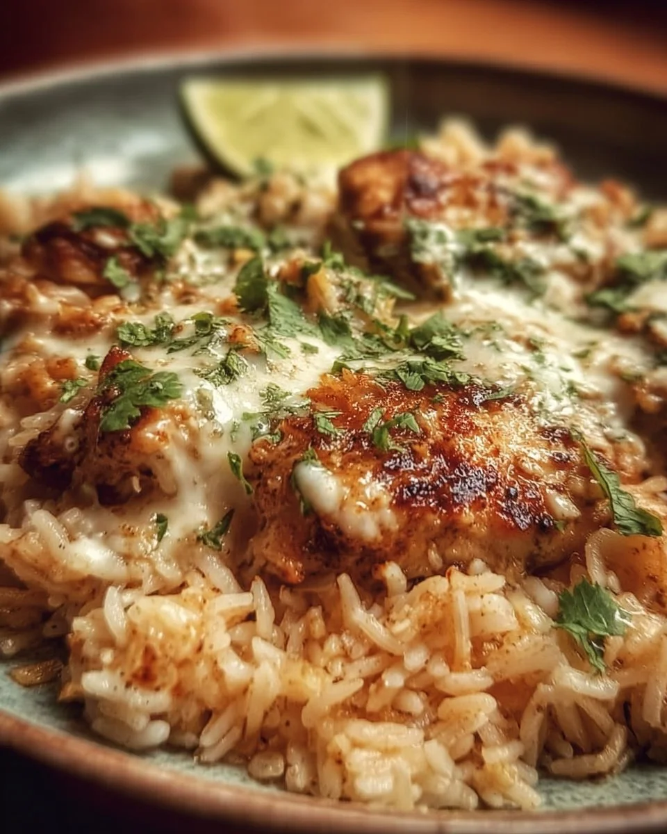 Crazy Chicken Mexican Chicken and Rice with Cheese dish garnished with herbs.