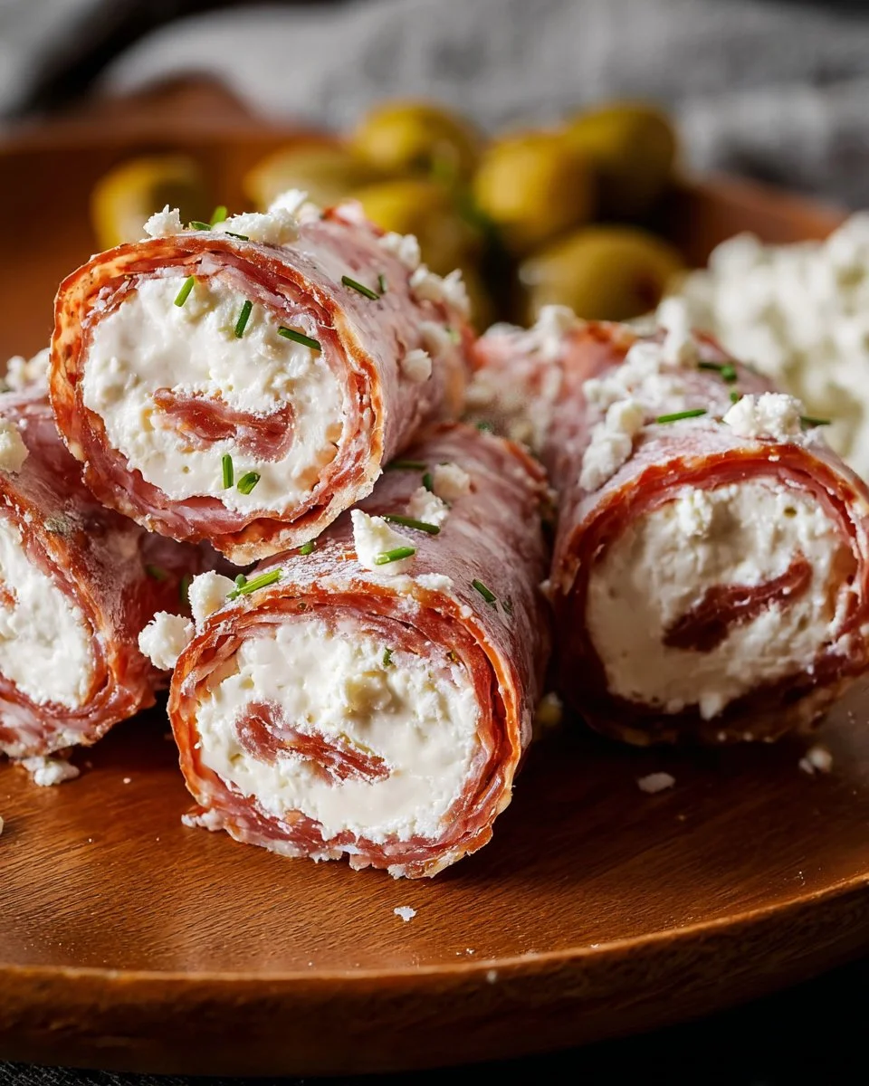 Cream cheese salami roll-ups served on a platter