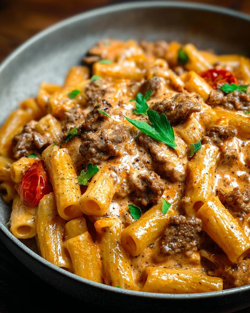Creamy beef pasta dish topped with herbs and cheese