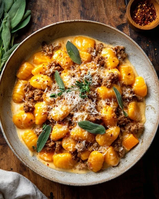 Creamy butternut squash gnocchi with sausage served in a bowl