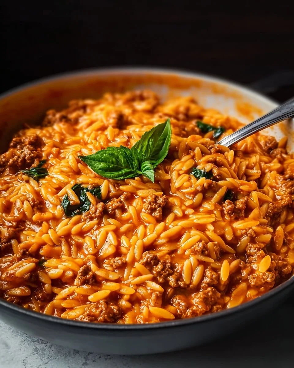 Creamy ground beef orzo with tomato sauce served in a bowl