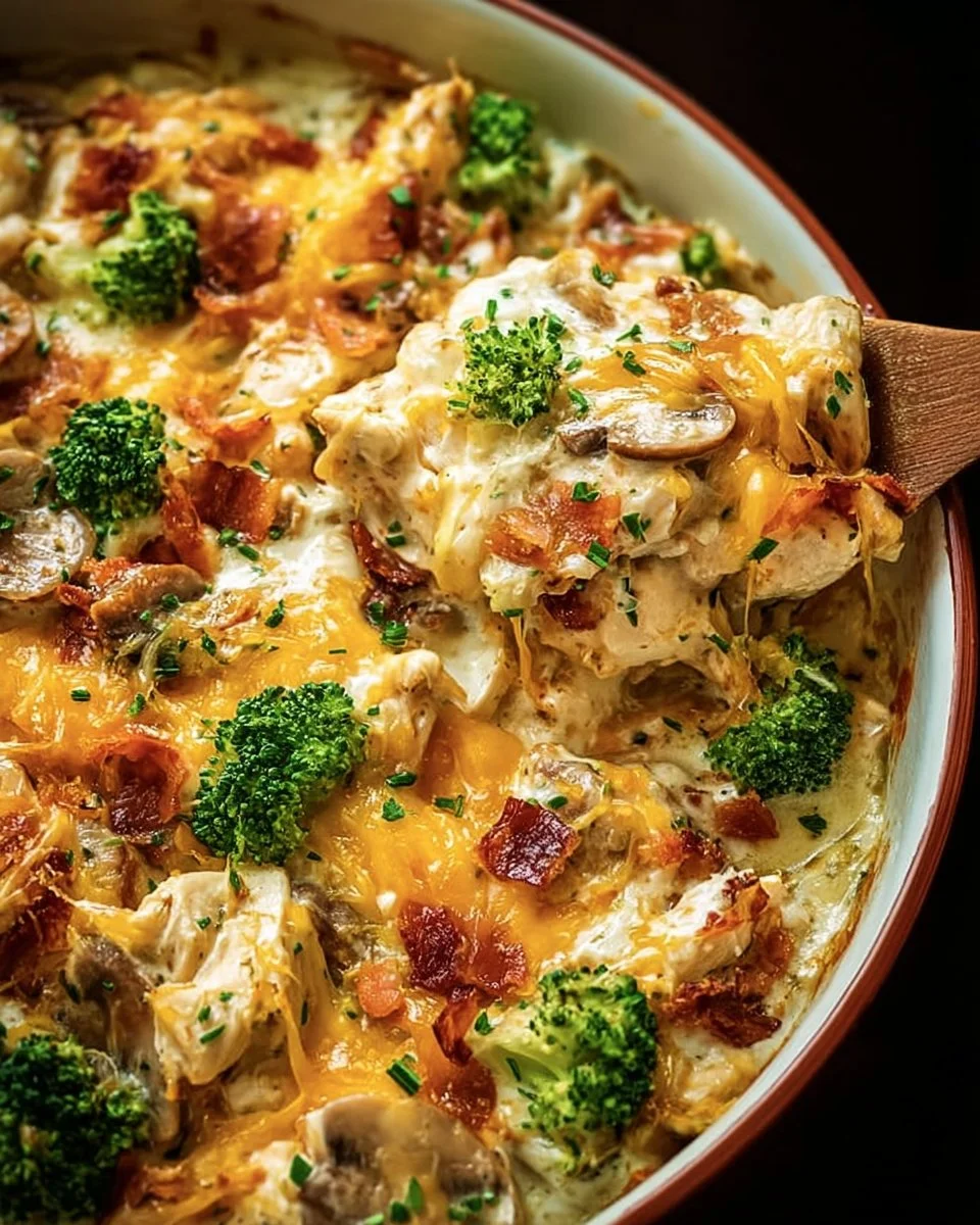 Creamy low carb chicken casserole dish topped with herbs