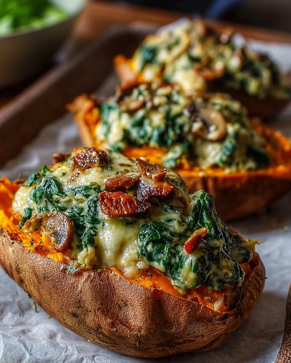 Creamy mushroom and spinach stuffed sweet potatoes topped with herbs