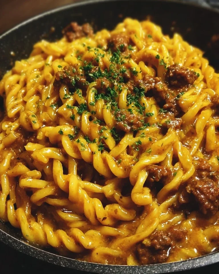 Creamy one-pot beef pasta with garlic butter garnished with herbs