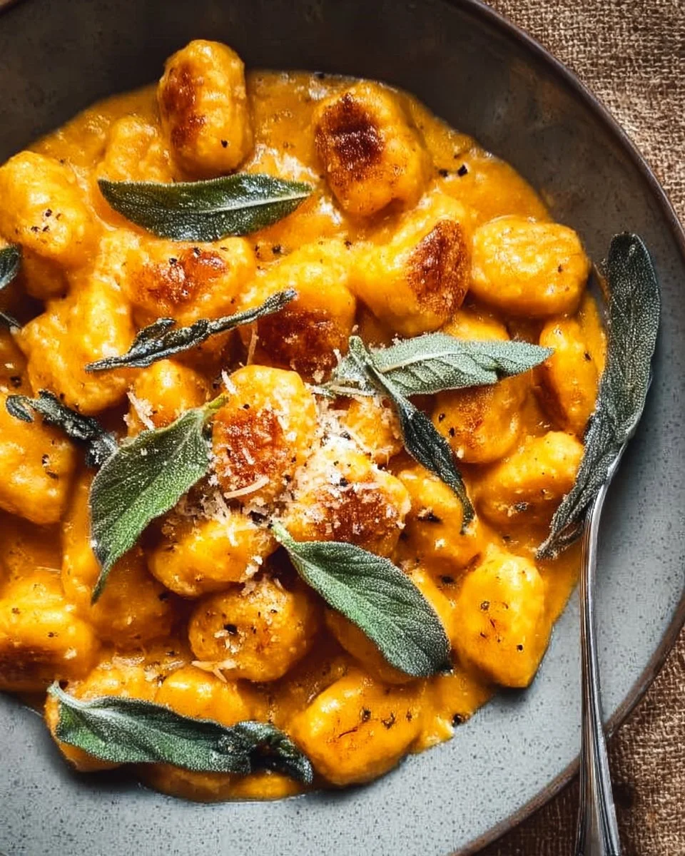 Creamy pumpkin gnocchi served in a bowl topped with herbs and parmesan cheese.