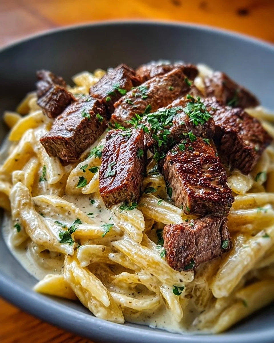 Creamy steak pasta dish with tender beef and rich sauce served on a plate