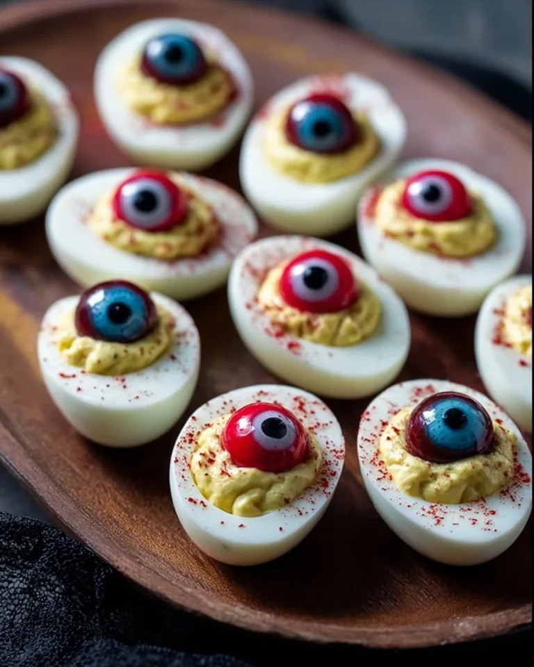 Creepy-cute eyeball deviled eggs arranged on a Halloween-themed platter