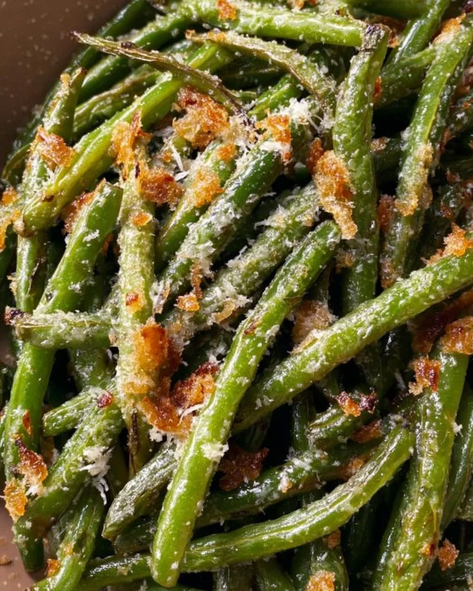 Crispy garlic parmesan roasted green beans on a plate