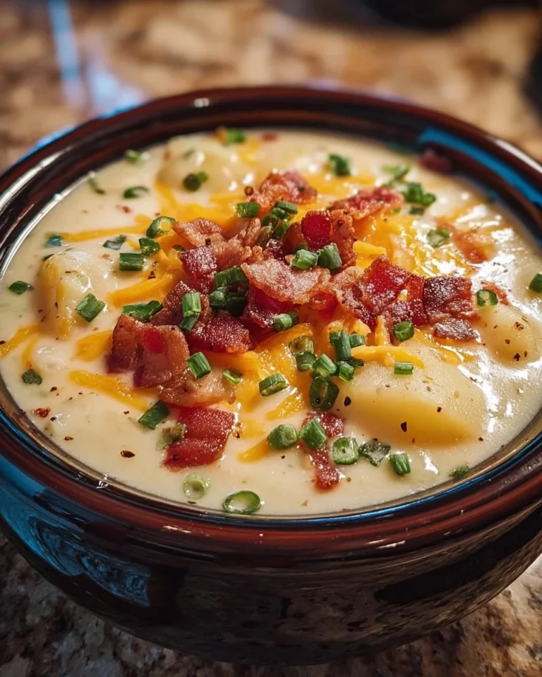 Bowl of creamy Crock Pot Crack Potato Soup topped with bacon and green onions.