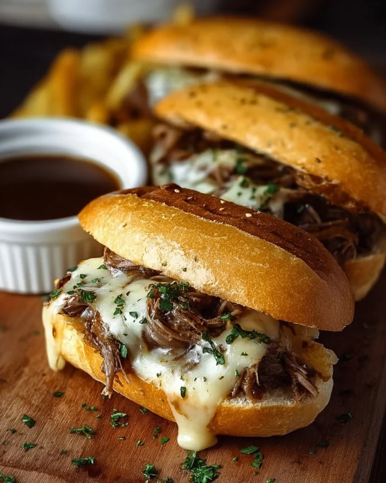 Delicious Crock Pot French dip sandwiches served with savory au jus broth