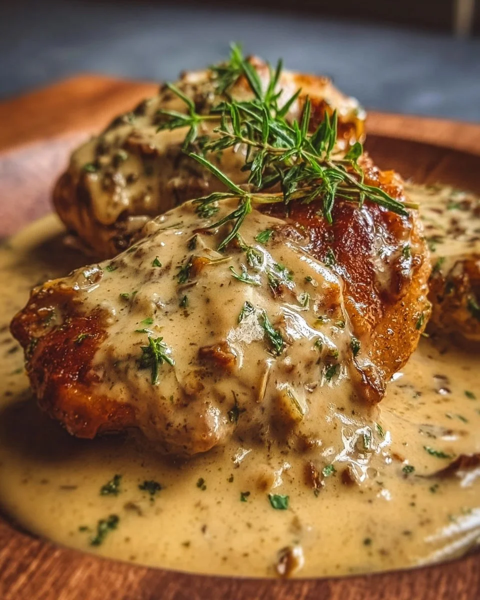 Crockpot chicken served with creamy gravy on a plate
