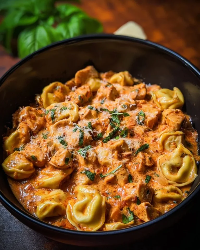 Delicious CrockPot Chicken Tortellini served in a bowl with fresh herbs.