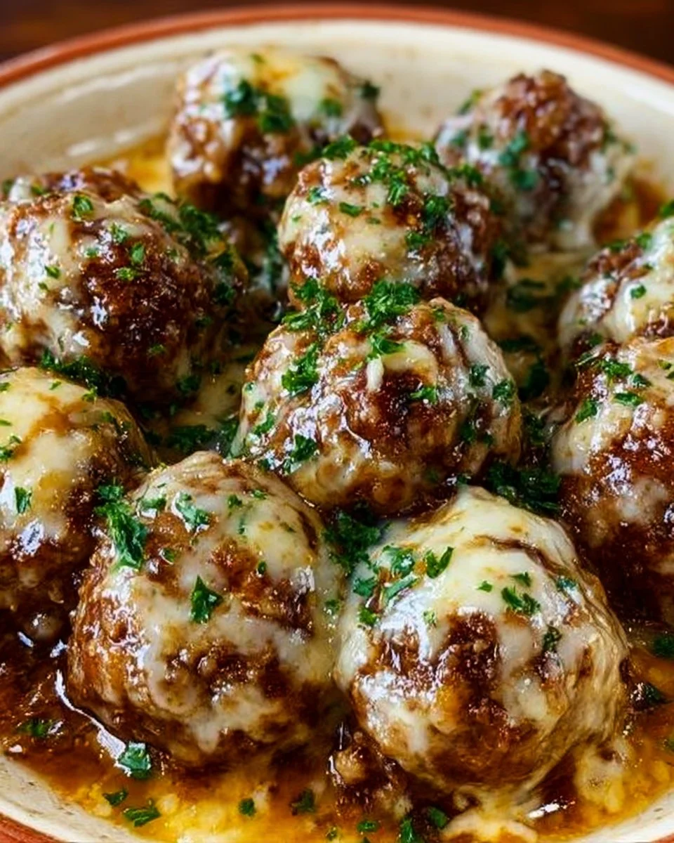 Delicious Crockpot French Onion Meatballs garnished with herbs.