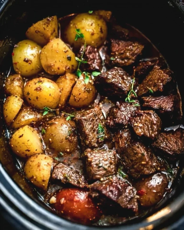 Crockpot garlic butter beef bites with potatoes served in a bowl
