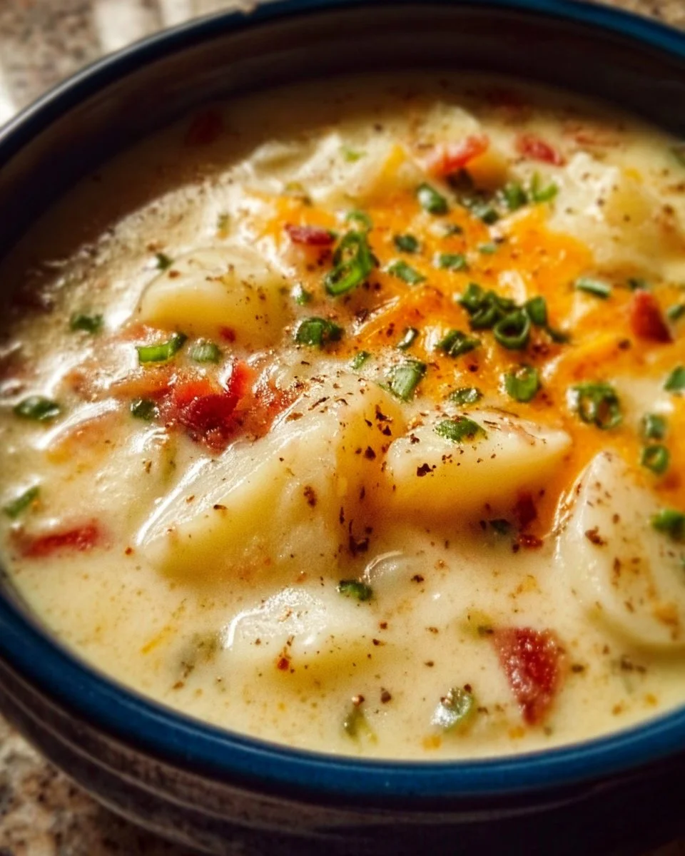 Crockpot potato soup made with frozen potatoes in a creamy broth