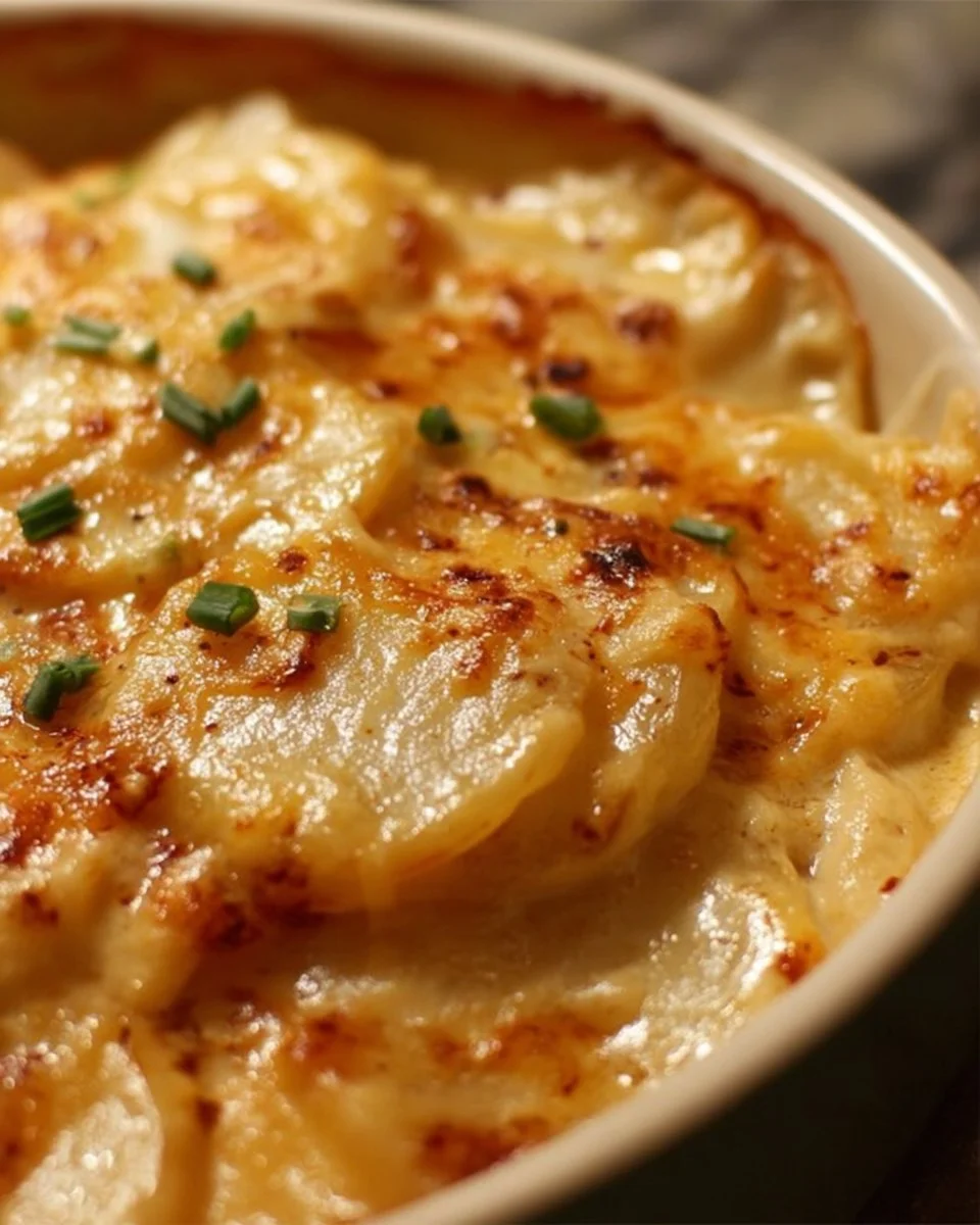 Creamy crockpot scalloped potatoes in a serving dish