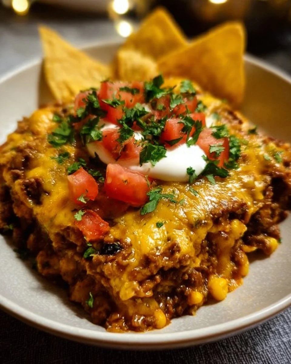 Delicious Crockpot Taco Casserole topped with cheese and fresh ingredients.